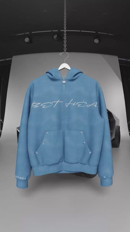 BETHÈA Blue Velour Zip Hoodie (Unisex)